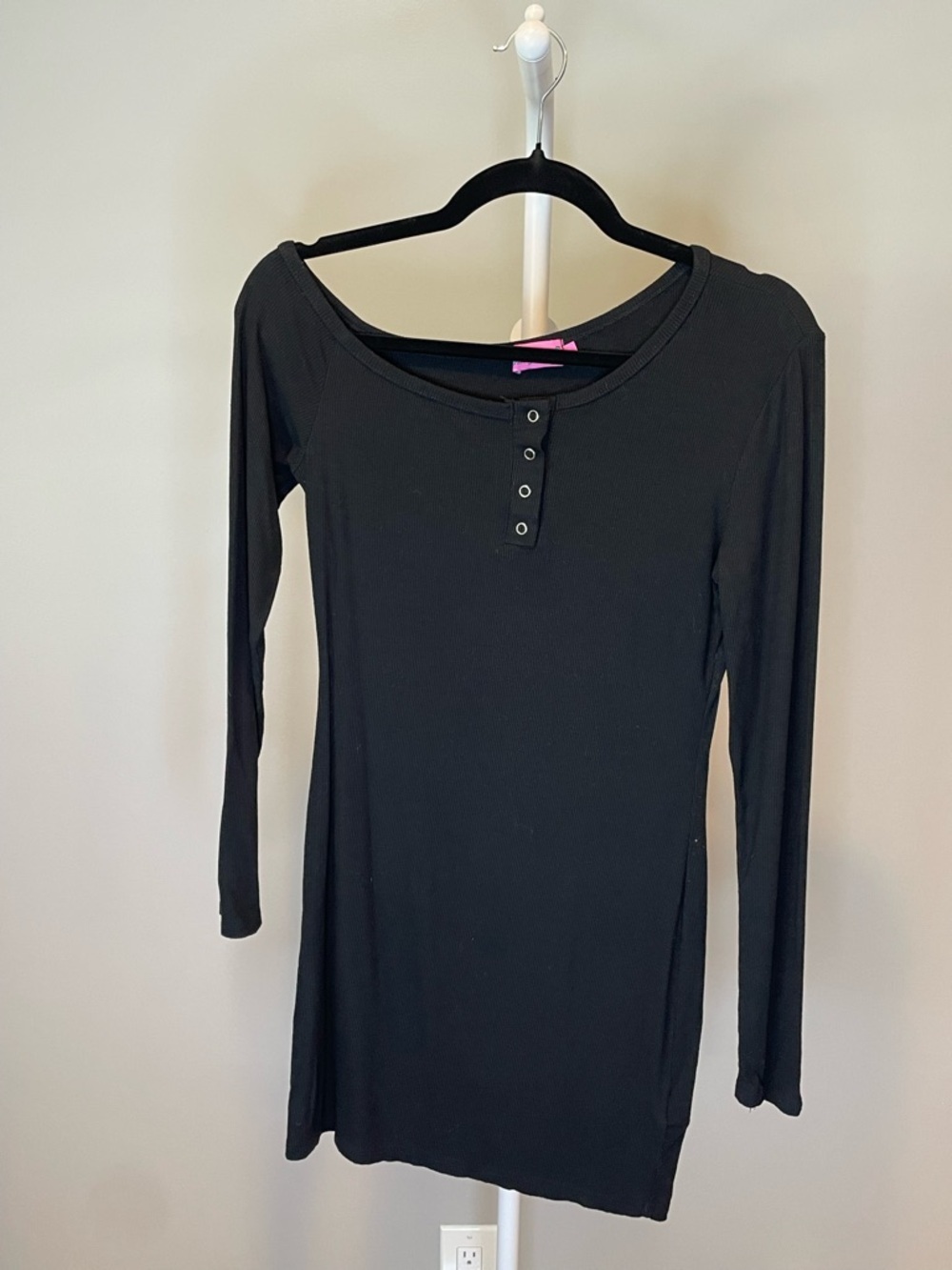 Edikted Black Long Sleeve Henley Off-the-Shoulder Y2K Mini Club Dress - Medium